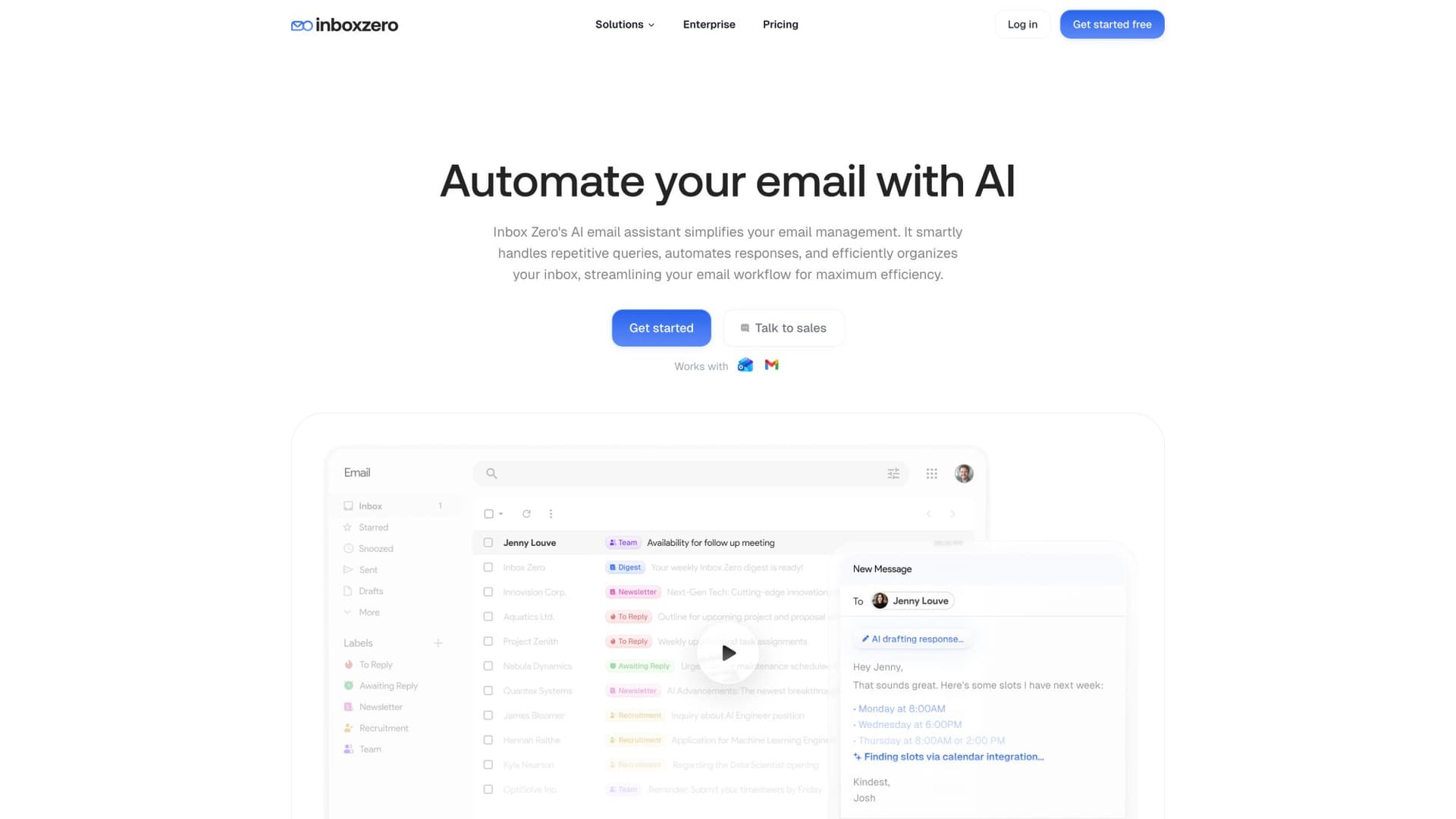 Inbox Zero AI automation page showcasing email rules, automated responses, and intelligent categorization features