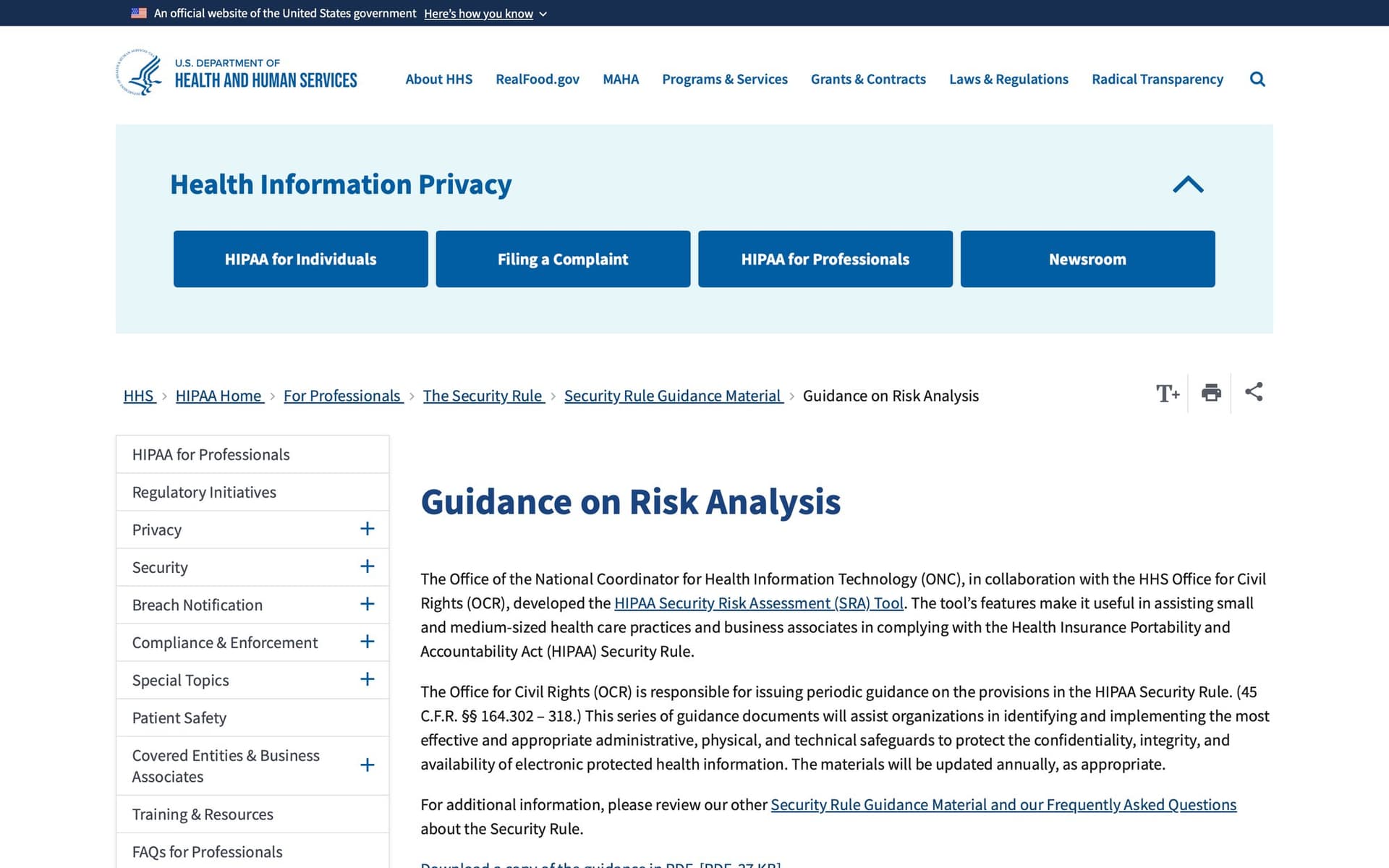 Webpage from the U.S. Department of Health and Human Services on HIPAA Security Rule Guidance for Risk Analysis.