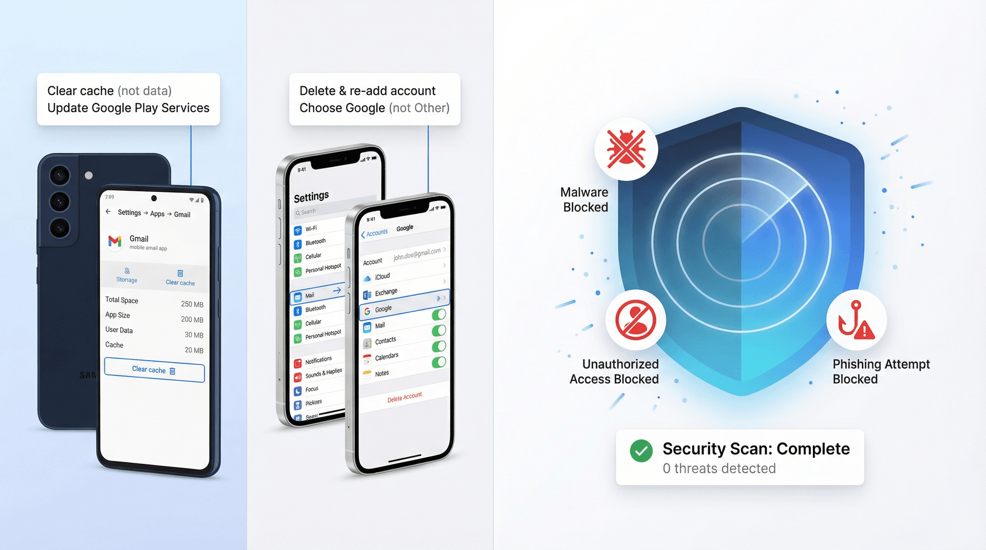 Android and iPhone devices showing Gmail fixes and security scan protecting against unauthorized access